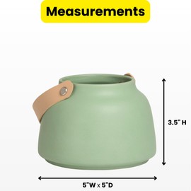 Torre & Tagus Lido Sage Green Cylinder Vase with Handle in Faux Leather - 3.5" Tall Flower Vase for Centerpiece, Ceramic Round Vase for Home Decor or Wedding Table Decor (Sage Green Vase 5" Dx3.5 H)