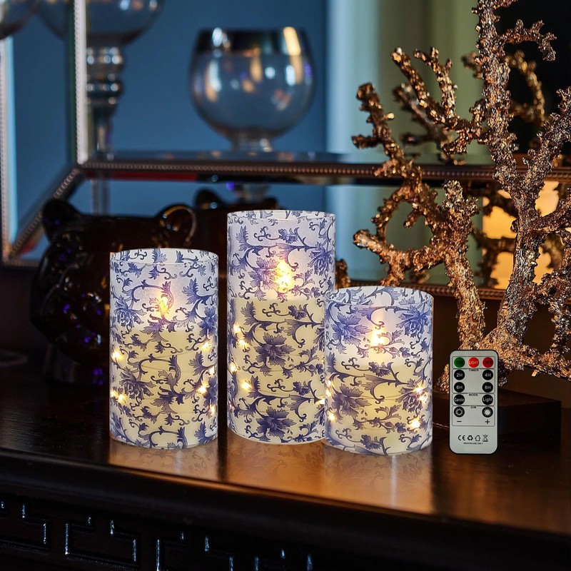 Flickering Flameless Candles Blue and White Porcelain Print, Embedded Star