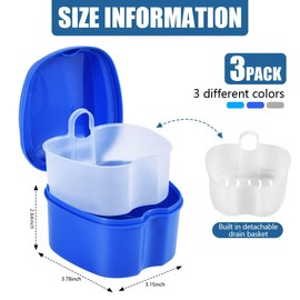 KISEER KISEER 3 Pack Colors Denture Bath Case Cup Box Holder Storage Soak Container with Strainer Basket for Travel Cleaning (White, Blue, Light Blue)
