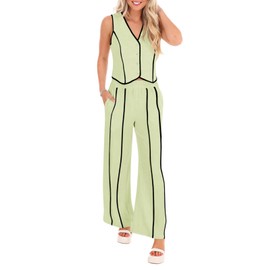 Tankaneo - Conjunto de ropa de 2 piezas para mujer, sin mangas, chaleco con botones, pierna ancha, pantalones a juego, Verde fluorescente, S