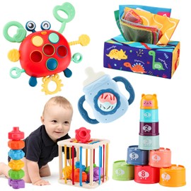 KADAYAYA Baby Toys for 6-12-18 Months, 5 in 1 Montessori Toy for Babies incl Tissue Box Toy Shape Sorter Cube Pull String Baby Teething Toy Stacking Cups Tissue Box Toy Toddler Sensory Toy Gifts