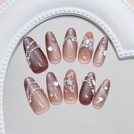 24Pcs Press on Nails Medium Almond Tip 3D Gradient Butterfly with Glitter Pearl Rhinestones Unique Glossy Stick on Nails Full Cover Reusable Coffin Artificial Acrylic Fingernails for Women Manicure