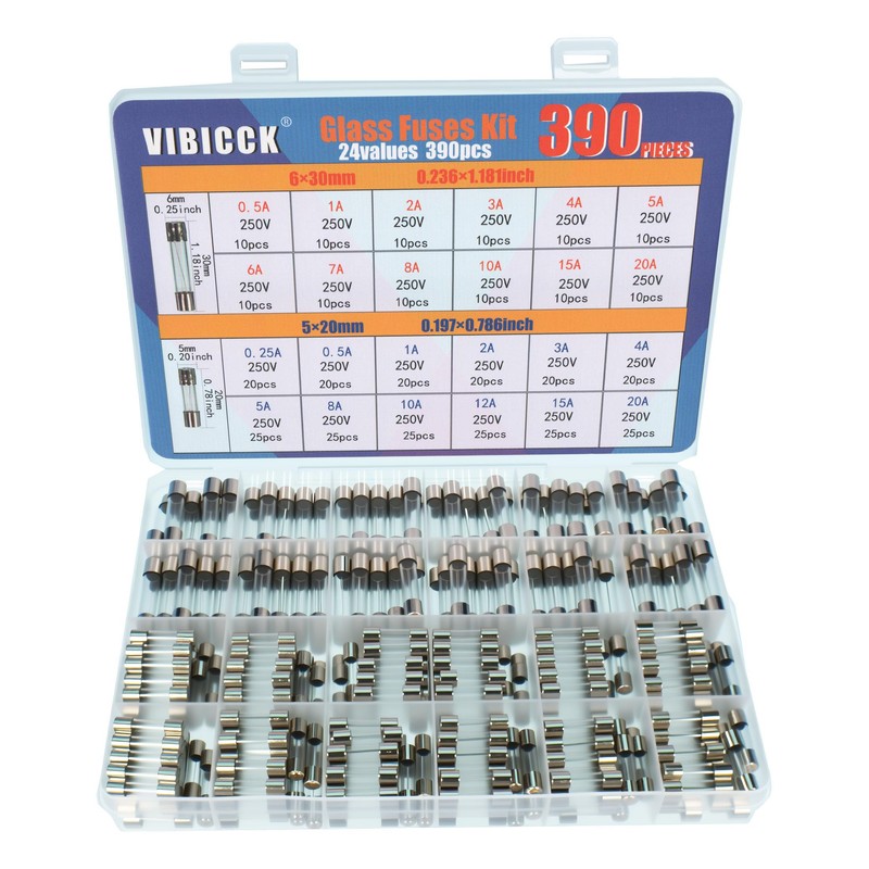 VIBICCK 24values390 Pieces Fast Burning Glass Fuse Combination kit 250V