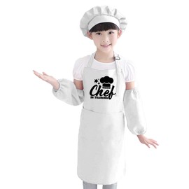 Sister Novelties Kids Kitchen Apron Set with Unicorn Rainbow Recipe Cards Set, Kids Aprons for Girls and Boys, Aprons for Kids, Kids Chef Hat and Apron, Play Kitchen, Kids Baking Set (White)