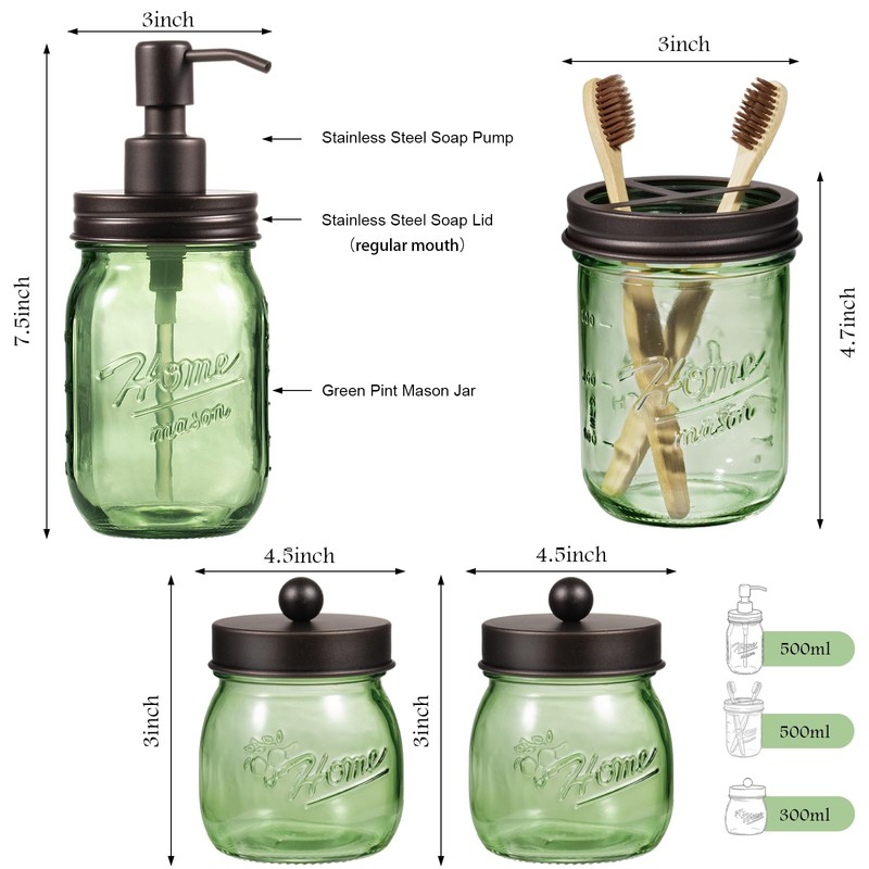 Amolliar Mason Jar Bathroom Accessories Set, 4 Pcs Green Glass