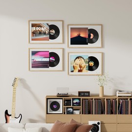 Vinyl Record Frame Natural Oak Wood 24 x 16 Inches with Mat, for 12.5" x 12.5" LP Record and Album Jacket Display, Double Groove, Shatter-Resistant Tempered Glass Cover and Wall Hanging Hardware