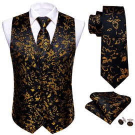 Barry.Wang Mens Paisley Black Gold Waistcoat Flower Jacquard V-neck Suit Vest Set for Wedding