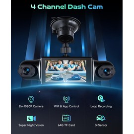 360° View 4 Channel Dash Cam with 2K Front and Rear Inside Left Right, 3-Inch Touch Screen Dash Camera for Cars, G-Sensor Loop Recording WiFi Night Vision Recording Parking Mode Monitor+64G TF Card
