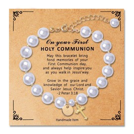 Baptism First Communion Gifts for Christian Christmas Birthday Gifts for Daughter Granddaughter Catholic Religious Gifts for Sister Mom Niece Faith Gifts for Women Cross Pearl Bracelet with Letter S