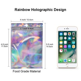 100pcs Holographic Mylar Zip Lock Bags Resealable 10.4 x 14.9 cm, Sealable Foil Sample Pouch Gift Baggies for Candy Snack Jewelry Lash Lip Gloss