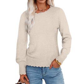 ANRABESS Womens Long Sleeve Sweaters Loose Fit Lightweight Scalloped Knit Soft Dressy Pullover Tops 2025 Fall Casual Outfits Almond X-Large