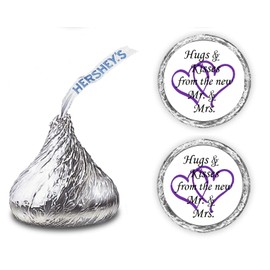 324 Hugs and Kisses from The New Mr. & Mrs. with Interlocking Hearts Wedding Stickers, Chocolate Drops Labels for Bridal Shower Engagement Party Decorations, Favors Decor for Kiss (Purple)