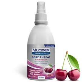 Mucinex Instasoothe Sore Throat Spray for Oral Pain Relief, Throat Numbing Spray with Benzocaine & Menthol Starts to Work on Contact, Cherry Flavor, 3.8 Fl Oz