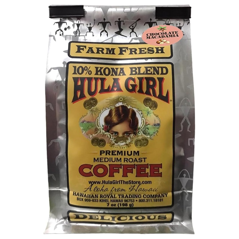 Hula Girl 10% Hawaiian Kona Coffee Blend Chocolate Mac Nut,