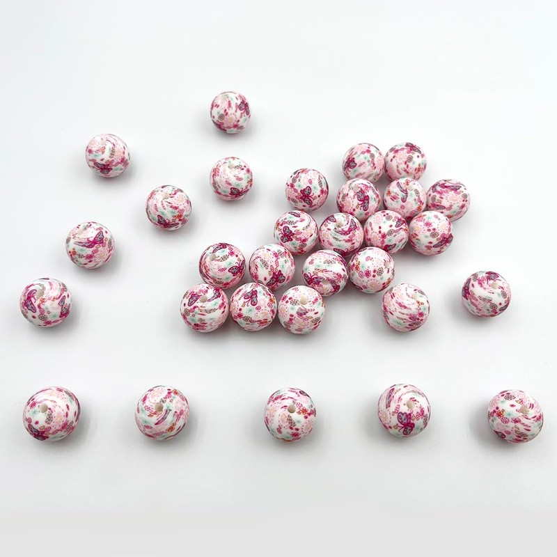 30Pcs Silicone Printed Beads Pink Flower Print Beads 15mm Butterfly