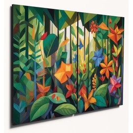 The Plum Penguin Cubist Rainforest Wall Art - Dual A4 Wooden Panels, Vibrant Abstract MDF Decor Canvas Alternative 40 x 30cm