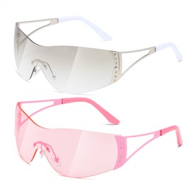kimorn Wrap Around Y2K Sunglasses for Women Men Shield Flat Top Shades Futuristic Technology Frameless Sun Glasses K1344 (Silver+Pink Frame Pink Lens)
