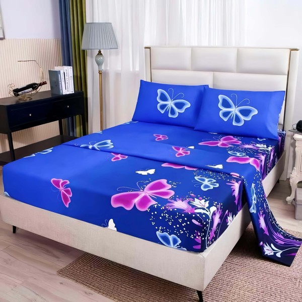 SDY 4PCS Butterfly Bedding Sheets Set Queen Size Blue Vivid