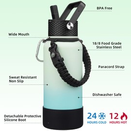 BJPKPK 32oz Insulated Water Bottles with 3 Lids, Paracord Handle & Non-slip Boot, Stainless Steel Metal Water Bottle,Reusable BPA Free Thermos, Tumblers, Mint