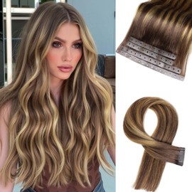 Remy Human Hair Extension Micro Ring PU Hair Extensions T4/27 Highlight PU Invisible Hole Weft Human Hair Extensions Bead Weft Hair Extension Tape in Human Hair for Women (40g 4Pcs,22 Inch)