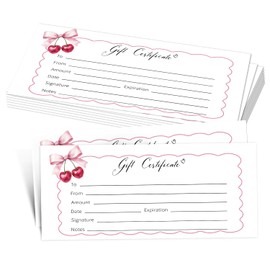 25 Bow Cherry Gift Certificates for Business, Pink Blank Gift Certificate for Salon Spa Restaurants Marriage, Birthday Christmas Custom Client Vouchers, 3.5 x 8 Inch-07