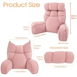 Pink Reading Pillow for Bed with Arms, 28" Tall Corduroy Backrest Pillows with Detachable Neck Roll & Side Pockets, Premium PP Cotton, Sitting Up Pillow for Watching TV, Gaming and Rest