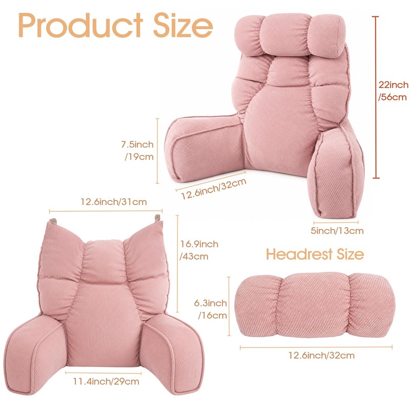 Pink Reading Pillow for Bed with Arms, 28" Tall Corduroy