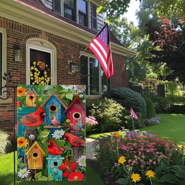 Summer Cardinal Birdhouse Garden Flags, Summer Red Birds Flowers Birdhouse Welcome Flag, Yard Home Decor Garden Flag, 12x18 Inch Vertical Double Sided Burlap, Outdoor Lawn Flag