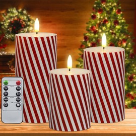 Yongmao Christmas Flickering Red Stripes Glitter Flameless Candles, Battery Operated Pillar Real Wax LED Electric Candle with Remote Timer for Home Christmas Party Decor D3 x H4 5" 6" Set of 3
