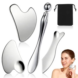 Kit de 4 Piezas Gua Sha Facial, Herramienta de Masaje de Acero Inoxidable Guasha, Lifting y Contorno Facial, Relajación Muscular y Belleza, con Bolsa 