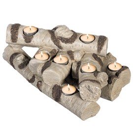 Plow & Hearth Faux Birch Wood Resin Logs Candle Holder for Fireplace | Romantic Ambiance Without Heat or Mess | Holds 8 Tea Lights| Realistic Sculpted Logs | 15" L x 9" W x 5" H