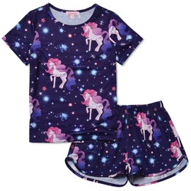 Girls Pjs Blue Unicorn Pajama Sets Short Sleeve Summer Cotton Sleepwear Nighty