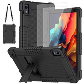 Kebiory for Urao C107/Jeazans OC101/C107 Tablet 10.1 Inch 2024 Kids Friendly Silicone Stand Shoulder Strap Kickstand+2Pcs Screen Protector for HiGrace C107/ZOFYWNAS C107/Freeski C107 (Black+2Pcs)