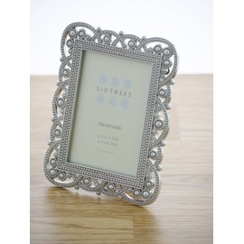 Sixtrees Louisa 2-517-23 Antique Vintage Shabby Chic silver metal 3.5 x 2.5 inch photo frame with pearls.