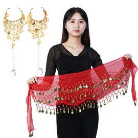 COACOM 1 Piece Belly Dance Waist Chain with 2 Bracelets, Dance Performance Accessories, Sequin Wrap Belt, Three Layer Gold Coin Hip Scarf, Chiffon Women's Drape Belt for Party, Festival Performances,
