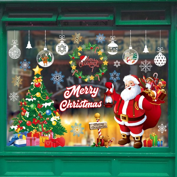 Svanco Xmas Window Stickers Large Chrismas Windows Decals Window Decorations Large Santa Claus Christmas Tree Clings for Christmas Window Display Double Sided Reusable Static Clings (A)