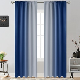 Yakamok Greyish White and Royal Blue Ombre Curtains, Light Blocking Gradient Color Curtains, Room Darkening Thermal Insulated Rod Pocket Window Drapes for Living Room/Bedroom, 52W x 84L Inch