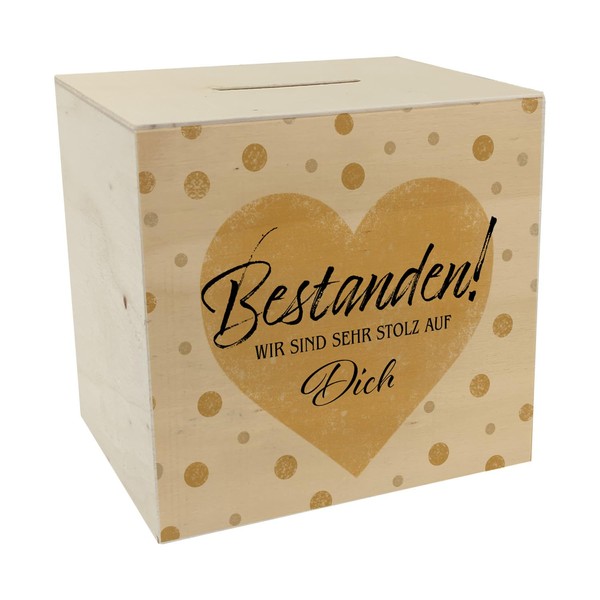 Consisten Wooden Money Box with Saying "Wir sind sehr stolz