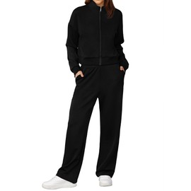 XIEERDUO Lounge Sets for Women 2025 2 Piece Beach Vacation Clothes Winter Essentials Luxury Women Fashion Zip Up Sweatshirt Sweatsuits Travel Outfits Wide Leg Sweatpant Black S