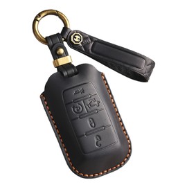 ontto Cowhide Car key cover fit for Dodge RAM 1500 2500 3500 4500 5500 2019-2024 keyless go key holder handmade leather case keyring keychain Smart Shell Accessories 5 buttons Black