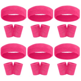 18 Pcs Sweatbands Headband Wristband Set Colorful Striped Terry Cloth Sports Athletic Gym 80s Sweat Headbands Wrist Bands (Rose red)