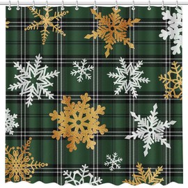 MEHOFOND Christmas Shower Curtain Winter Snowflake Shower Curtains for Bathroom Green Buffalo Plaid Bathroom Decor Washable Durable Fabric Shower Curtains 72x72 inch