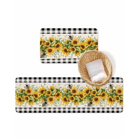 LBDecor Farmhouse Sunflower Bee Kitchen Mat Set of 2, Cushioned Anti-Fatigue Kitchen Rugs, Waterproof & Non-Slipping Kitchen Mats for Floor, Buffalo Plaid Mat for Kitchen Laundry