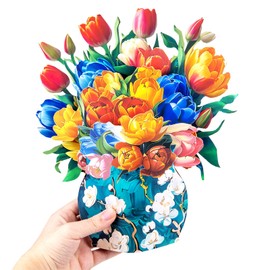 Tulip Vase Big Pop Up 13 inch Paper Flower Bouquet Greeting Cards with Blank Note & Envelope, ideal gift for celebrating Love, Holiday, Birthday, Anniversary, Mother's Day, Valentine's Day