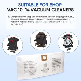 BIHARNT 12 Pack VF2005 Vacuum Bags Compatible with Shop Vac Bags 10-14 Gallon, Type F 90662 9066200 ; Type I 90672 9067200,High Efficiency Disposable Fine Dust Collection Vacuum Filter Bags