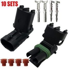 10 Pack 14-16 AWG Gauge 2 Pin Position Terminal Weather Pack WeatherPack Connector Male Female Set Weather Proof 10 Complete Kits