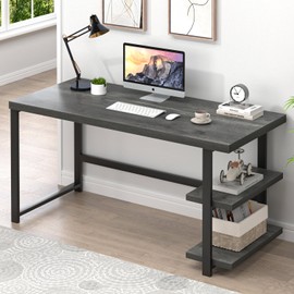 EXCEFUR Industrial Computer Desk, Home Office Desk with Storage Shelves, Wood Study Writing Table for Bedroom, Living Room, Grey, 53 Inch