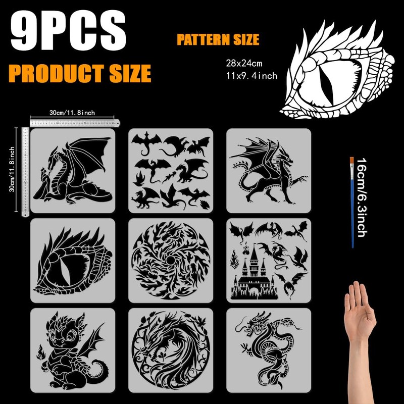 FINGERINSPIRE 9Pcs Dragon Painting Template with Brush 30x30cm Dragon Theme