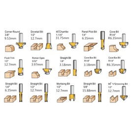 Omninmo Router Bits Set 1/4 Shank, 15 Pieces Tungsten Carbide, 2 Flute, Dovetail Cut, Cove Flush-Trim Ogee V-Groove Cut, Woodworking Router Bit Set
