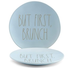 Rae Dunn BUT FIRST, BRUNCH Large 11” Dinner Plates (Set Of 2) Ceramic Light Blue With Gold Letters